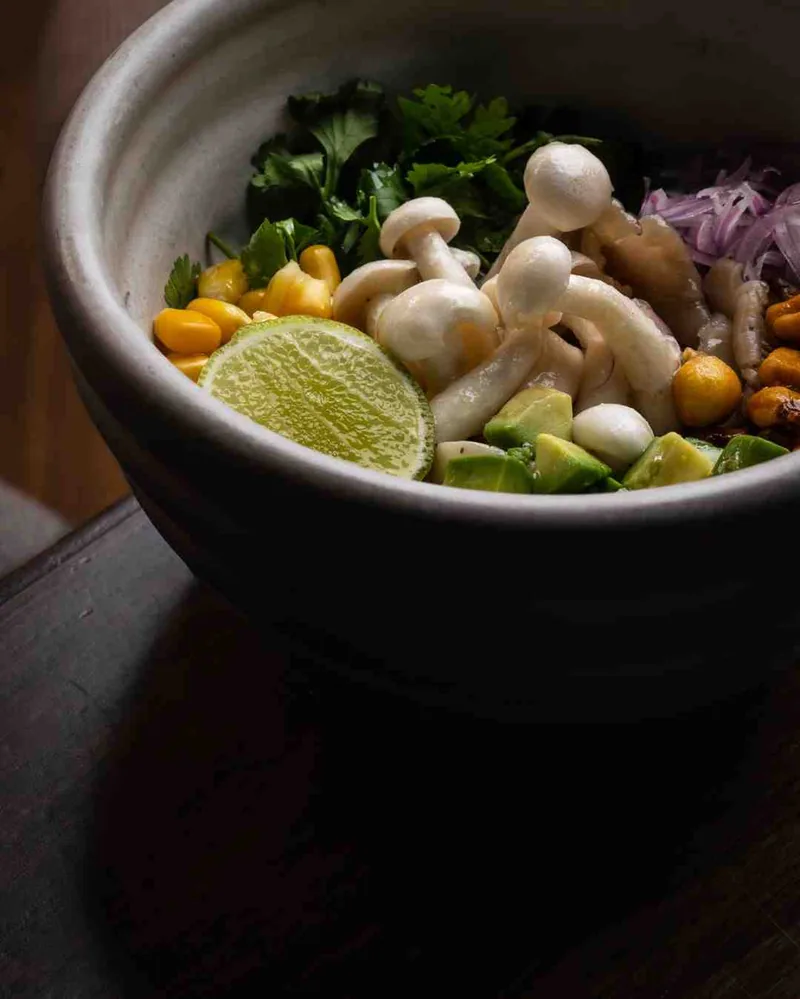 Ceviche detail with mushrooms and avocado