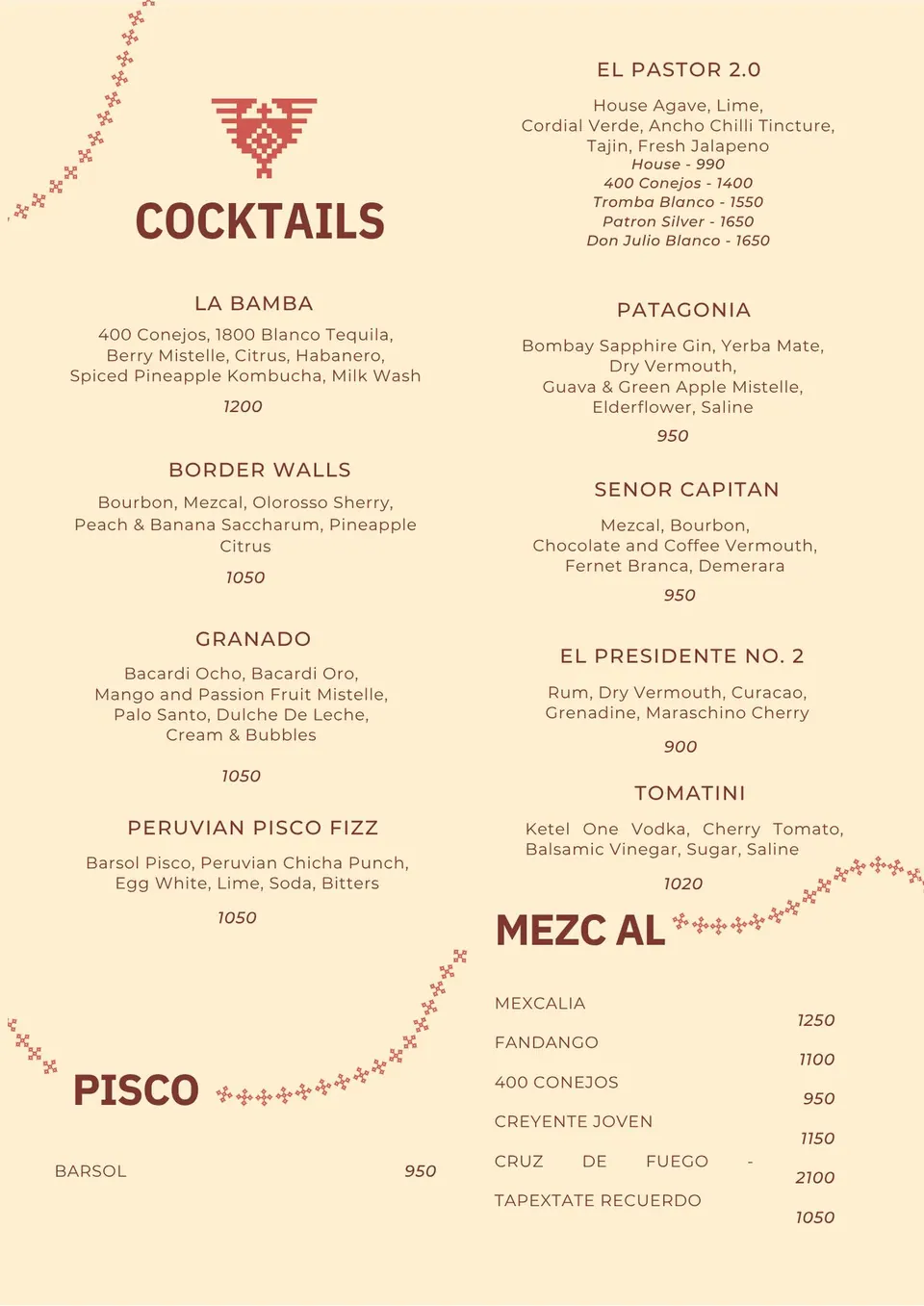 Cocktails — La Bamba, Border Walls, El Pastor, Patagonia